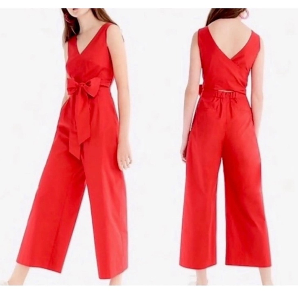 J Crew Bow Back Crêpe Wide Leg Jumpsuit Red V Neck Sleeveless Sz 4 Holiday